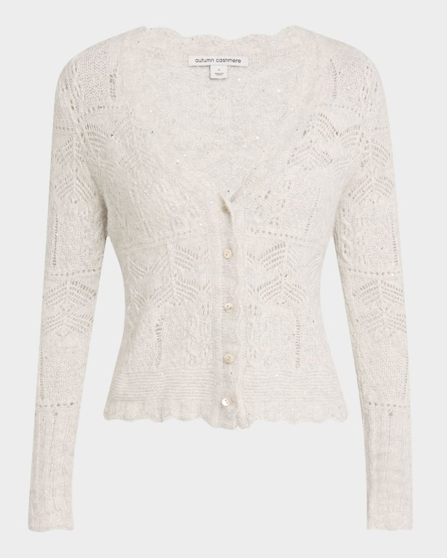 Scalloped Sequin Pointelle-Knit Cashmere Cardigan